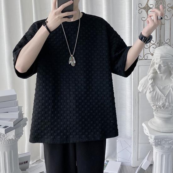 O-Neck Short Sleeve 3D Waffle Men T-shirt Summer Solid Color Simple Tee Shirt Streetwear