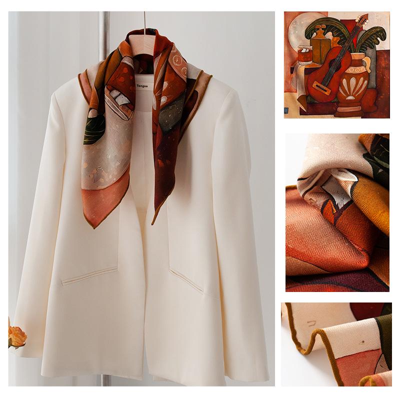 

Элегантный двухсторонний шарф из шелка и шерсти с принтом в виде гитары - Уютная осенне-зимняя шаль 70x70 cm