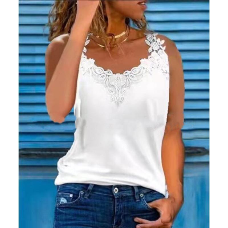 Women Fashion Vest Summer Casual Plus Size Shirts Sleeveless Lace Tops with Stitching