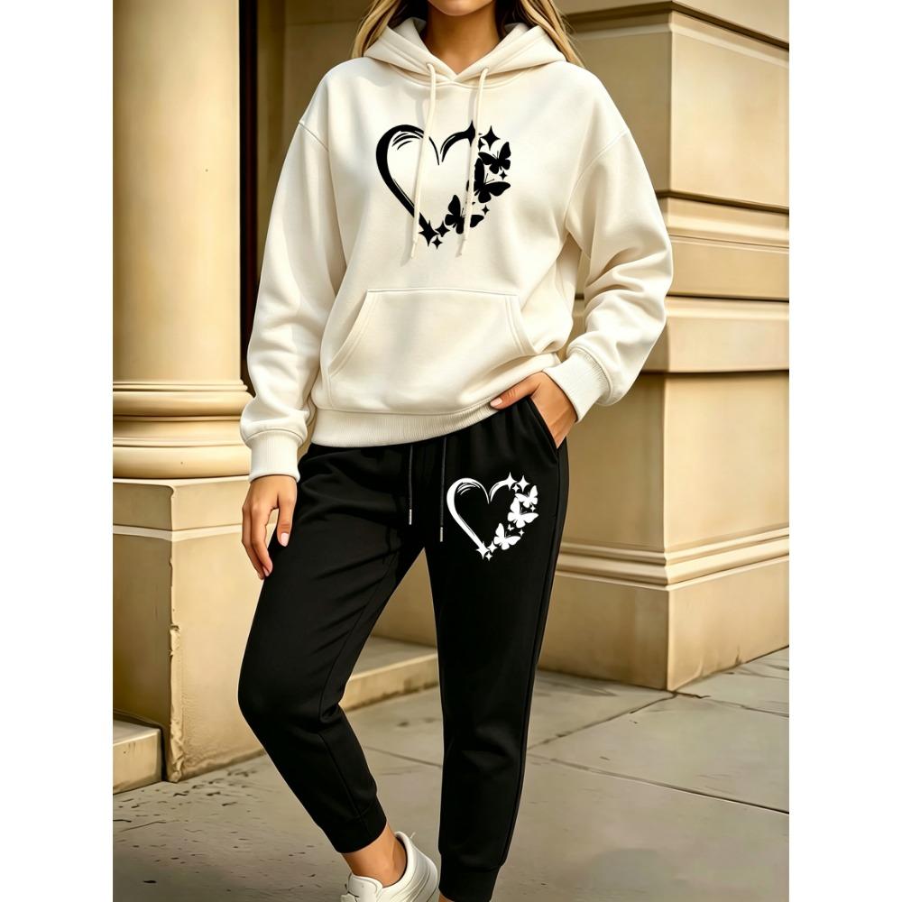 Combination Of Love And Butterfly Printed Y2K Women'S Hoodies Set Drawstring Fleece Hoody Clothing