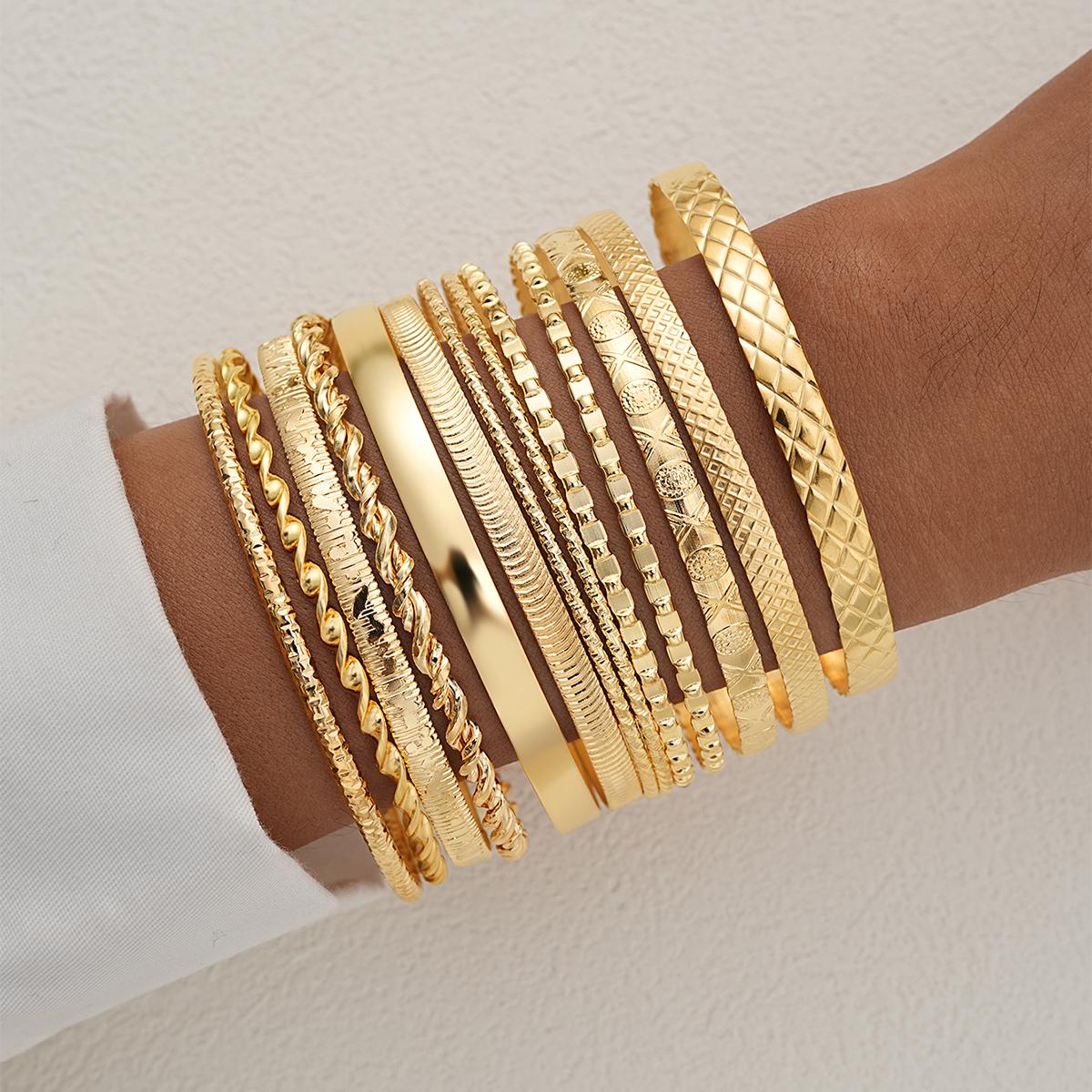 

13 Pcs Retro Simple Bracelets Set for Women European And American Gold Color Textured Pattern Twist Stacked Bangle Daily Jewelry