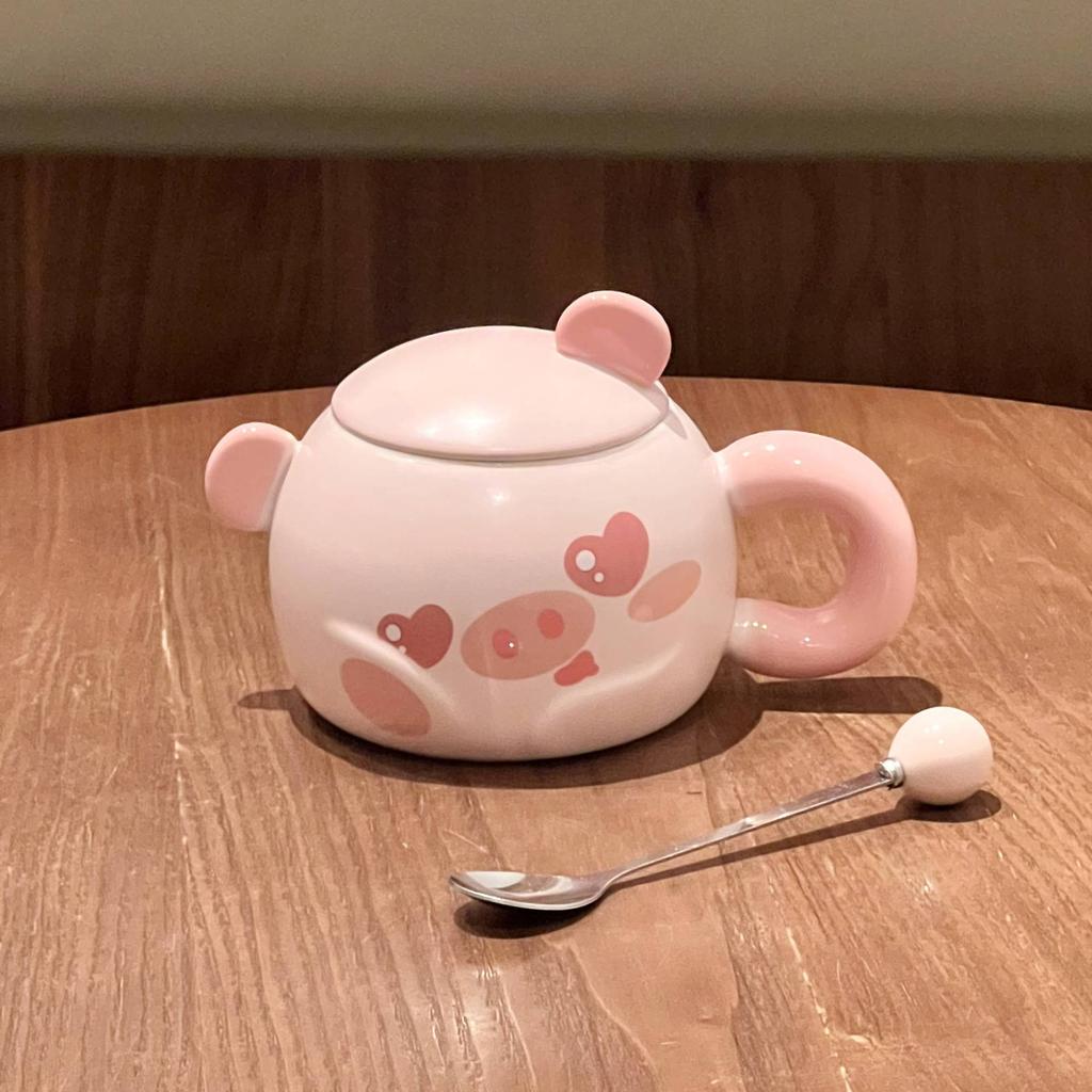 Cute Cartoon Piggy Ceramic Cup Girl Heart Mug with Lid Spoon Office Coffee Mug Birthday Gift