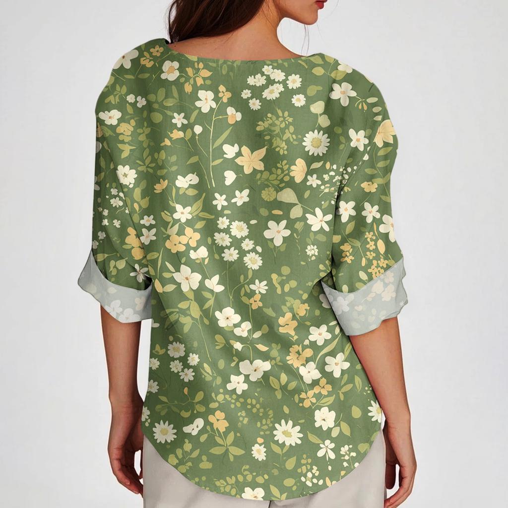 Women's Fashionable Casual V-neck Button Seven Quarter Sleeve Printed Cotton And Linen Top