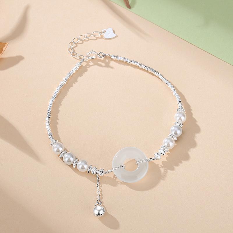 Tichiya White Chalcedony Ping an Kou Women s Bracelet - S925 Sterling Silver, New Chinese Style, Exquisite Silver Foil Design 925 Sterling Silver