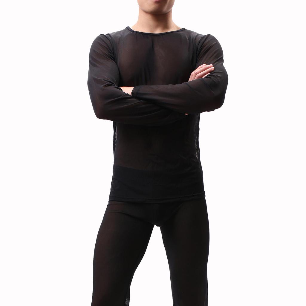 Men's Transparent Mesh Long Sleeve Top - Sexy See-through Pajamas