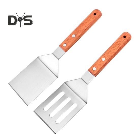 Stainless Steel Frying Spatula Set with Wooden Handle Heat Resistant Solid Turner Non Stick Slotted Spatulas for Frying Baking Flipping Turning