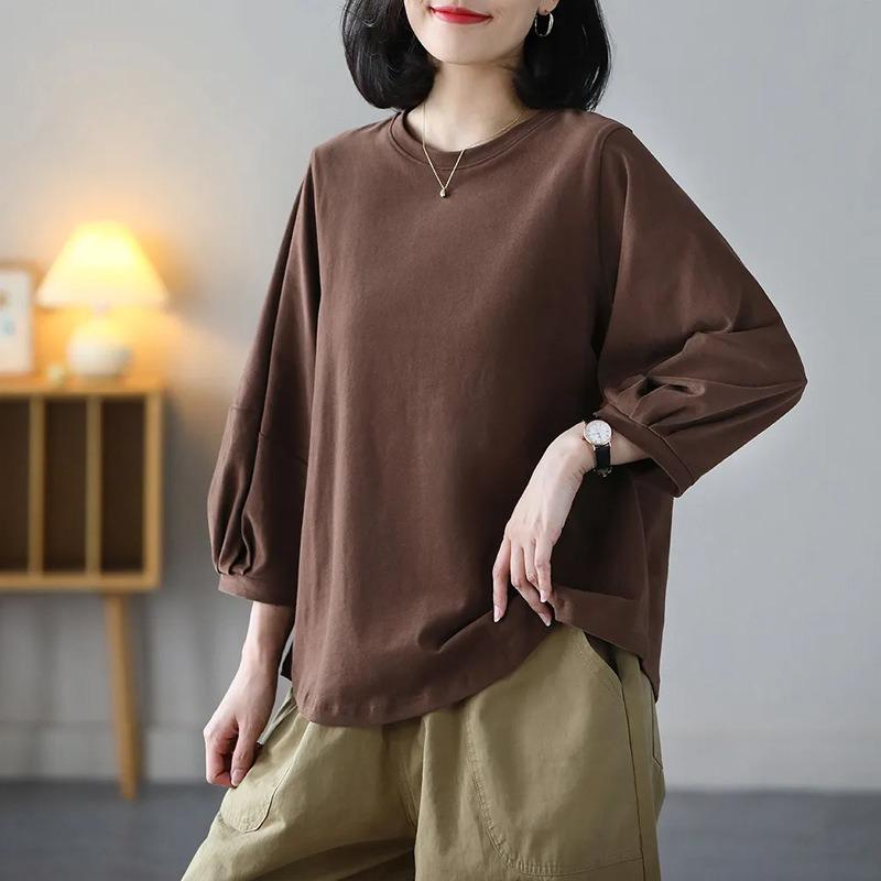 Women Crew Neck Puff Three Quarter Sleeve Cotton Tee Loose Oversized Curved Hem Casual Basic Blouse