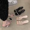 Fairy Wind French Sandals Outer Wear 2025 Summer Word with Bow Square Head Stiletto Sandals High Heels Slippers Female