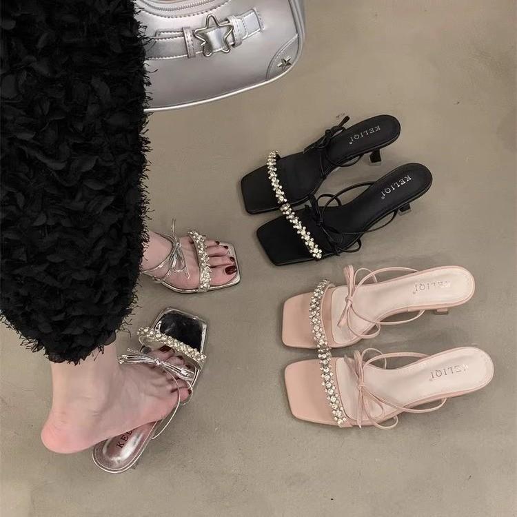 Fairy Wind French Sandals Outer Wear 2025 Summer Word with Bow Square Head Stiletto Sandals High Heels Slippers Female
