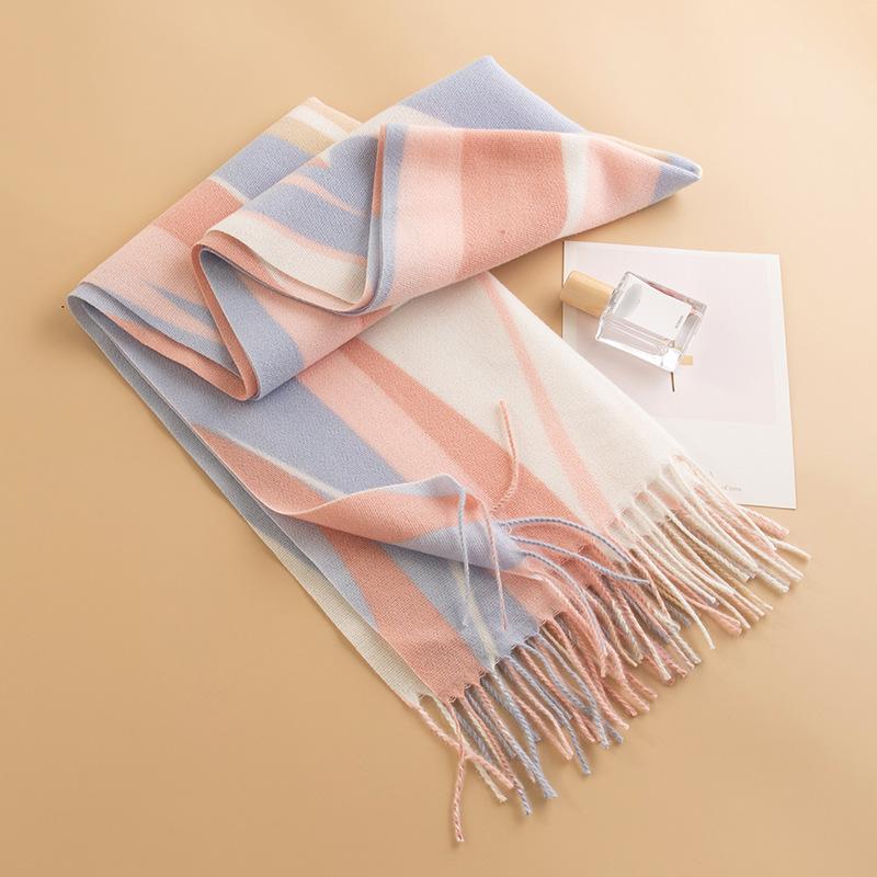 Korean Style Gentle and Sweet Color Striped Imitation Cashmere Scarf for Women in Winter High End Cold Proof and Warm Scarf