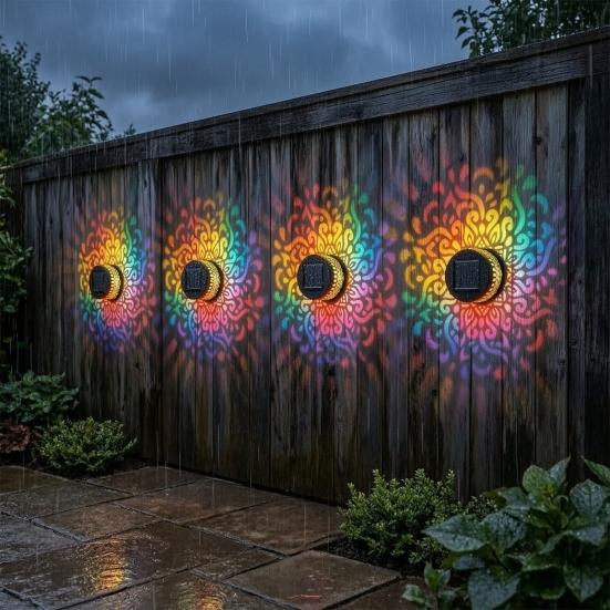 Solar Wall Light, 7 Color Changing Metal Fence Lamp with Projection, Outdoor Waterproof Garden Light for Yard Patio Column Decor