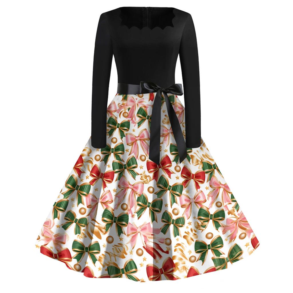 Women's Casual Fashion Christmas Print Square Neck Vintage Dress for Holiday Party