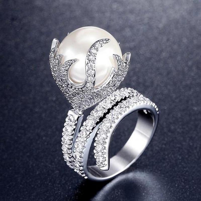

925 Copper light luxury temperament ring, women s exaggerated pearl inlaid zircon ring, high-end elegant design accessory 6
