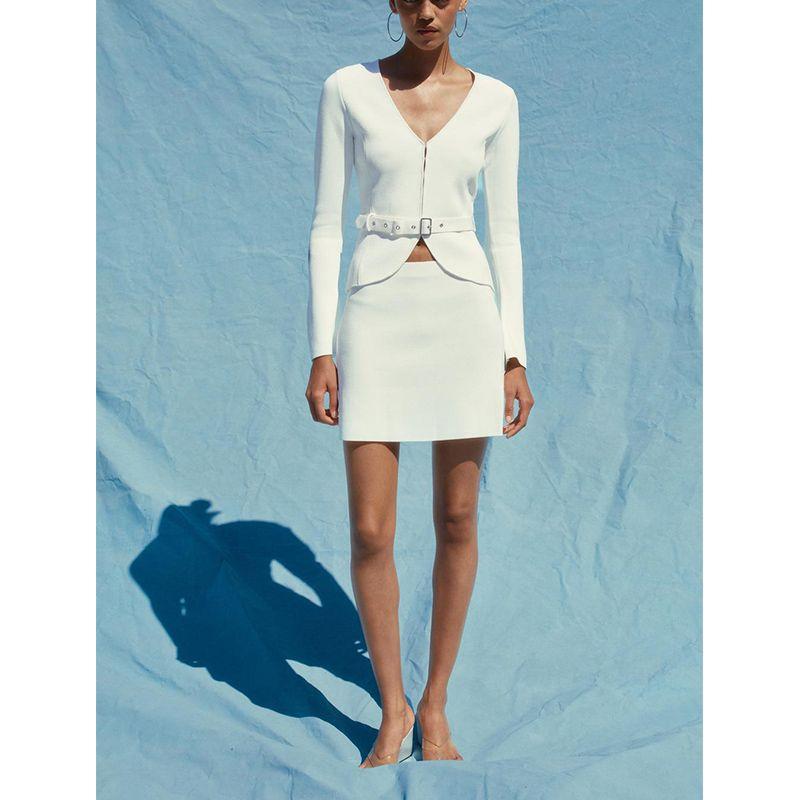 Summer New Product Women's Clothes Minimalist Wind Hidden Snap with Belt V Neck Long Sleeves Plain Stitch Outwear 5536046