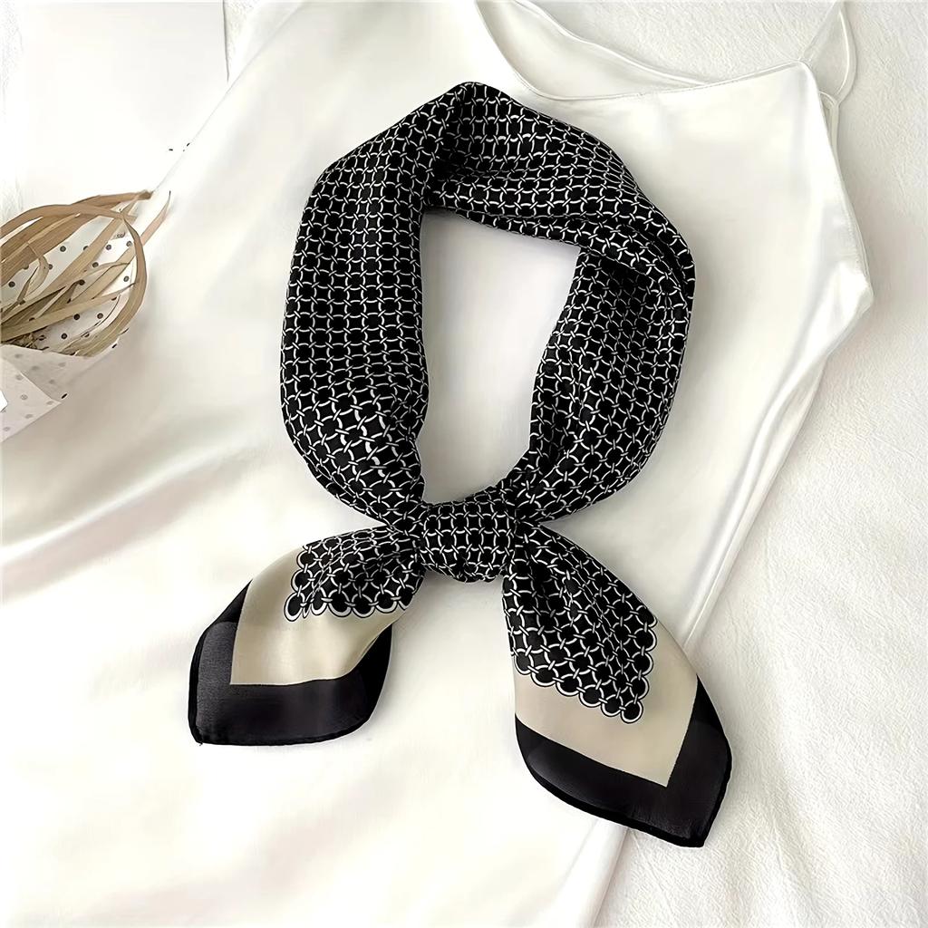 New Elegant Soft Satin Square Scarf For Women Stylish Round Ring Print Versatile Bandana Elegant Style Sunscreen Headscarf