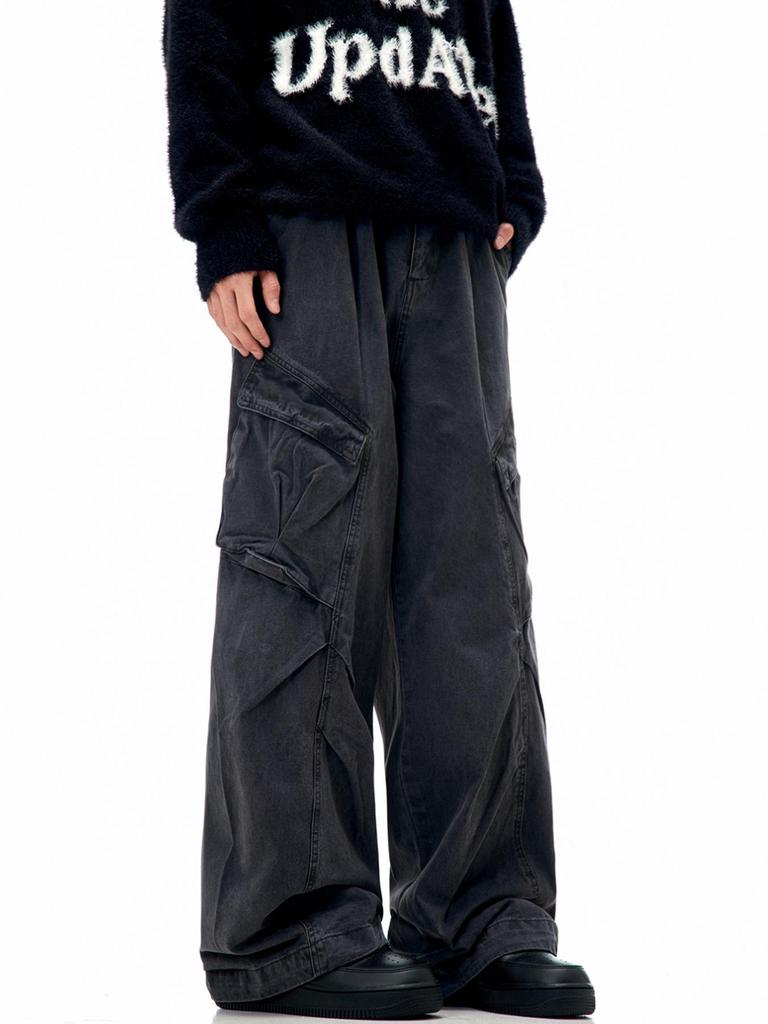 11KN Unisex Retro Wide Leg Work Pants with 3D Pockets - Pleated, Loose, Slimming, Casual, Long Fit