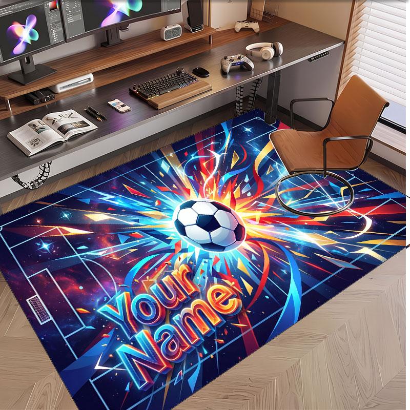 Fußball-Thema Weicher Kristall-Samt Teppich Benutzerdefinierter Name & Text Druck Rutschfester Boden Teppich für Schlafzimmer Wohnzimmer