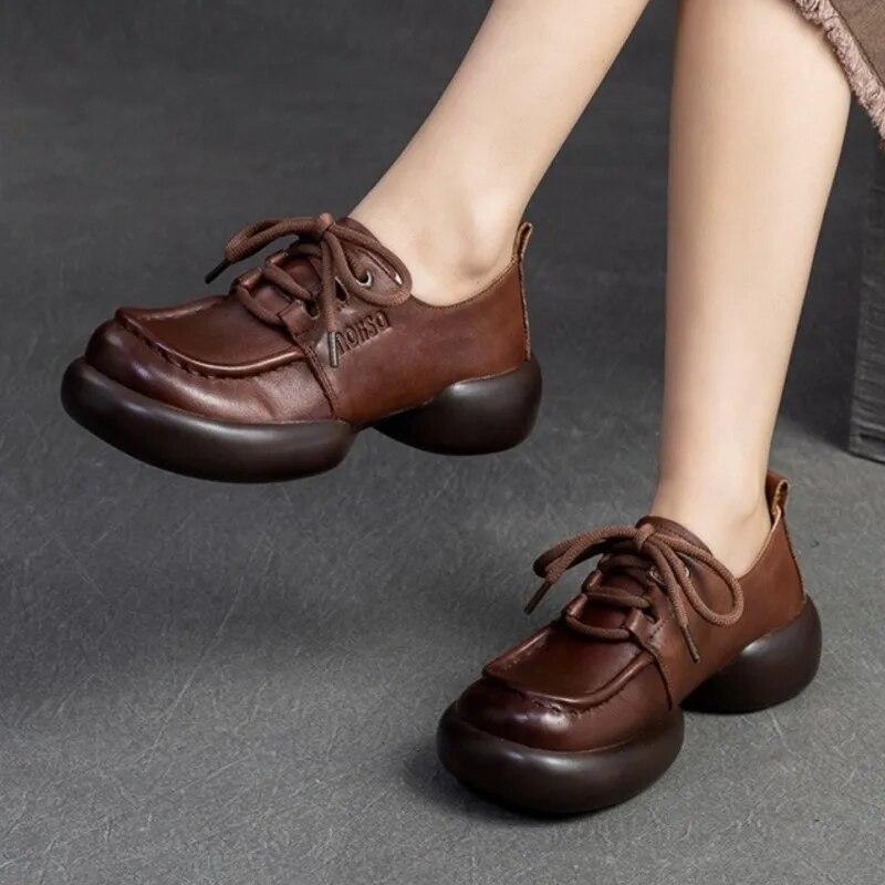Johnature Genuine Leather Retro Handmade Thick Sole Versatile Pumps Casual Lace-up Women's Shoes