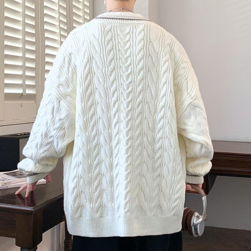 Autumn and Winter College Style Cardigan Sweater Jacket Men's Loose Knitted Threaded Top