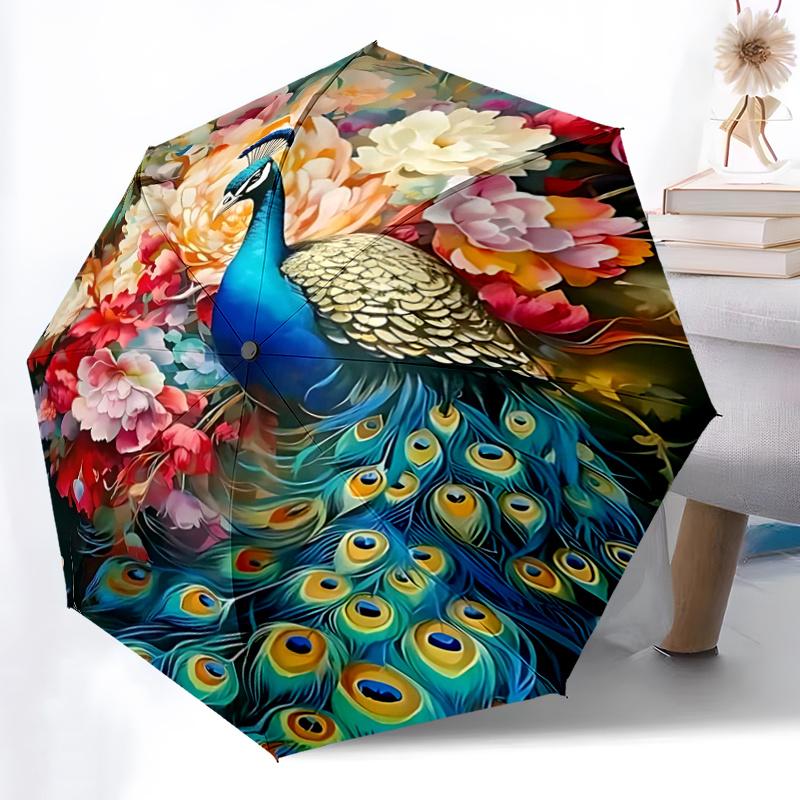 1pc Peacock Floral Outdoor Umbrella Automatic Opening/Closing, Foldable Design, 8-Rib Iron Frame, Festival Gift for Fans, Travelers, Daily Use.R0