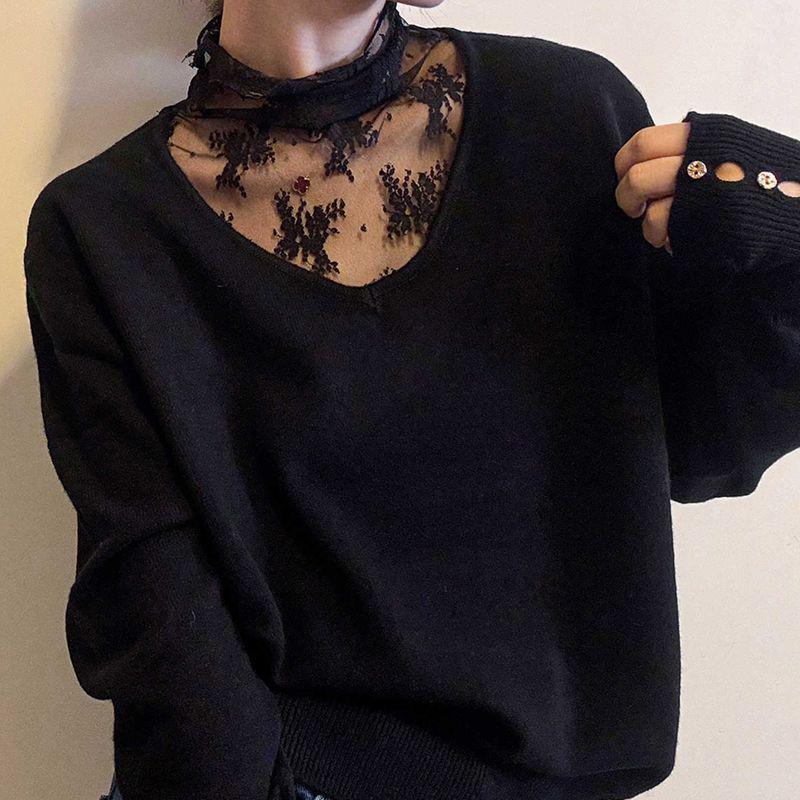 Plus Size Velvet Lace Mesh Layered Half-High Collar Top for Women - Autumn/Winter New Loose Slimming Style