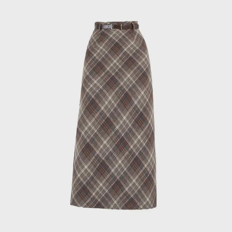 2024 Women's High Waist Woolen Plaid Midi Skirt – Autumn/Winter Korean Style, A-Line with Hip-Wrapped Slit