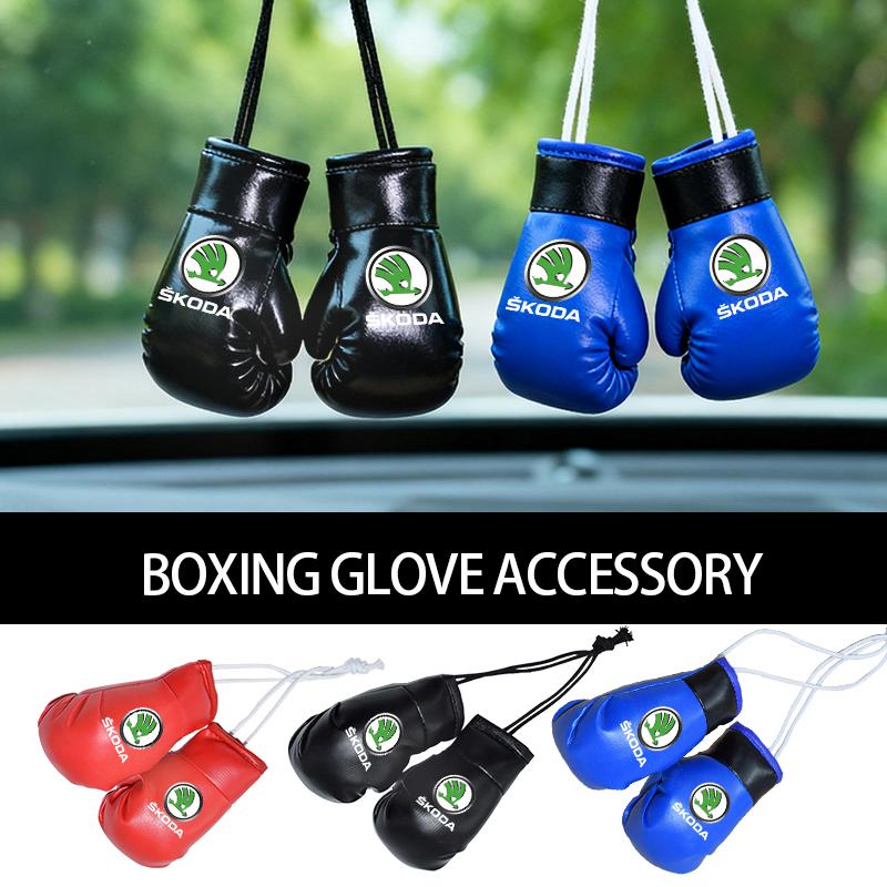 UMVB1 For Skoda Car Badge Boxing Gloves Keychain Hanging Rearview Mirror Decoration Pendant Accessories Kamiq MK3 Roomster Rapid