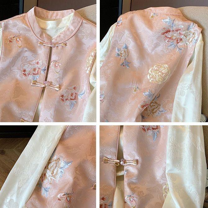 Embroidered Vest Women's Vintage Buckle Vest Acetic Acid Satin Jacquard Vest Vest Vest Vest