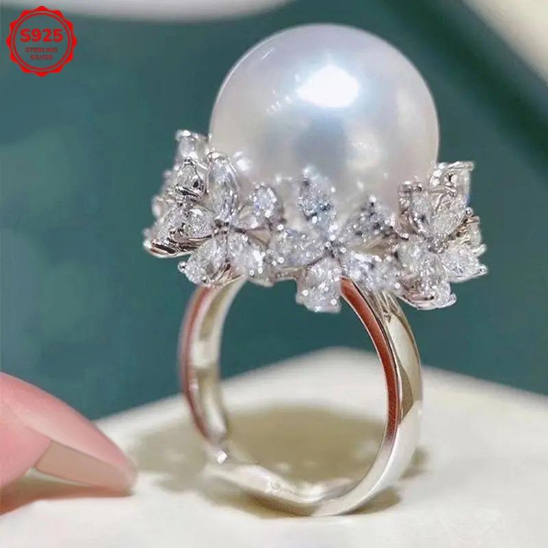 s925Sterling Silver European and American fashion classic elegant pearl flower ring for women Shiny, lustrous micro-inlaid zirconia Suitable for all