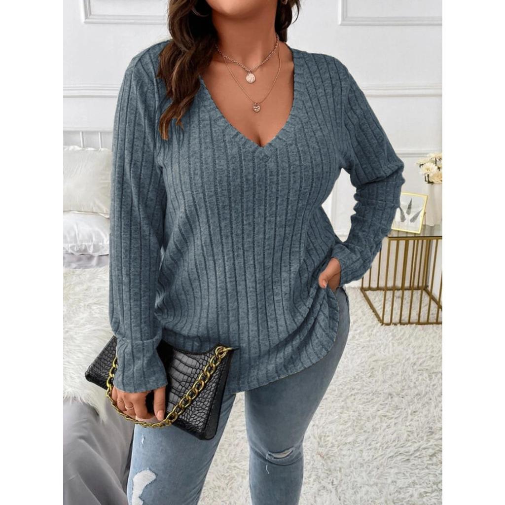Top informal de punto acanalado vertical de manga larga con cuello en V para mujer, holgado, talla grande