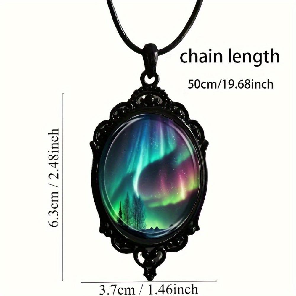 1-piece fashionable and elegant aurora landscape pattern black frame glass necklace romantic gift jewelry