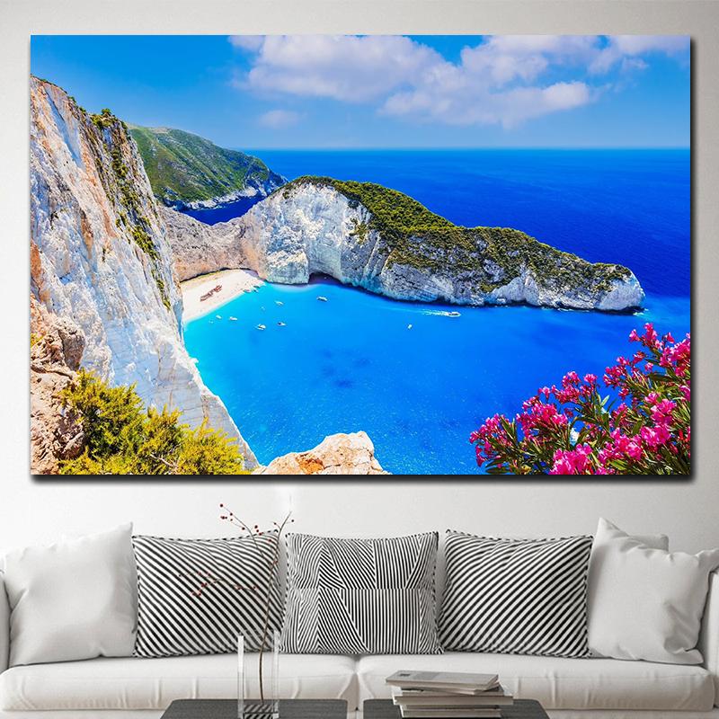 Zakynthos Island Greece Landscape Canvas Painting Navagio Beach Seascape Ocean Posters and Prints Wall Art Wall Decor Cuadros