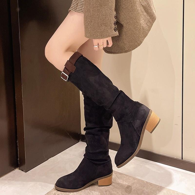 Fashion Vintage Chunky Heel Western Cowboy Boots for Women Winter New Style Faux Suede Ankle Boots Woman Pointy Chunky Heels Short Boots