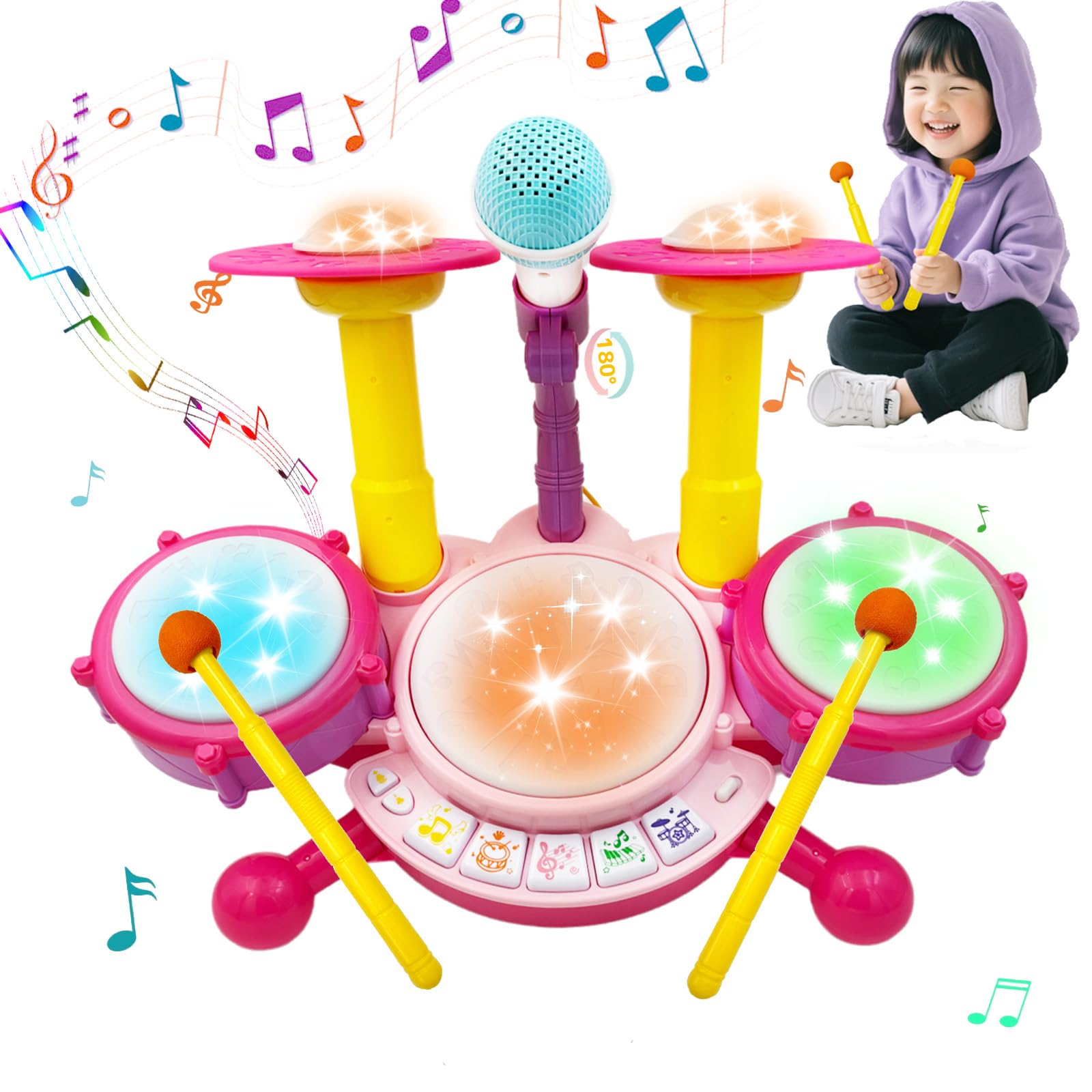 

VCYCTO Musical Instrument Toy Drum Set for 22 Musical Educational Toy for Includes Adjustable Light and 2 Popular for Girls and Boys Ages and Birthday розовый