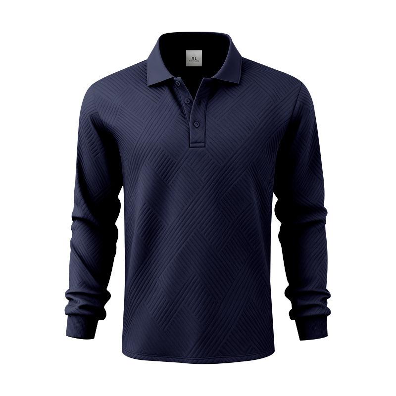 New Men's Solid-Colour Relaxed-Fit Casual Polo Shirt Long-Sleeved Button-Down Collar Jacquard Textured Sweatshirt