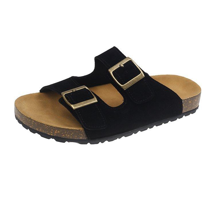 British retro one-word button slippers women's summer wear 2025 new Korean version one-word drag flats beach shoes sandals