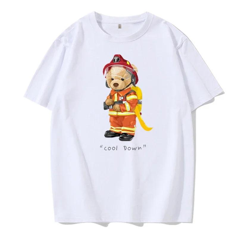 Firefighter Teddy Bear Cool Letter Pattern T-shirt Creative Unisex Street Clothing Top Summer Men's Clothing Fashion T-shirt