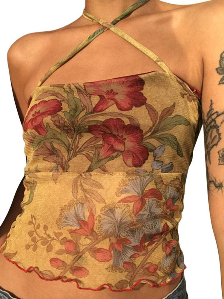 Y2K Mesh Sheer Floral T-shirt Vintage Halter Tops Women Sleeveless Slim Fit Crop Top Harajuku Streetwear