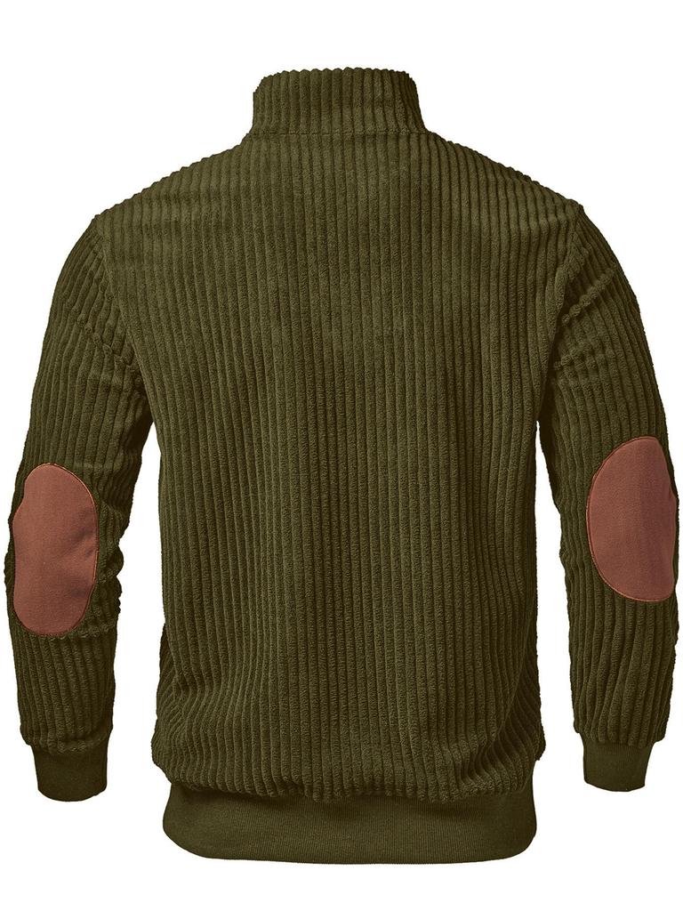 Men's Retro Stand-Up Collar Ribbed Pullover - Half-Zip, Warm Patchwork for Autumn/Winter Christmas Gift