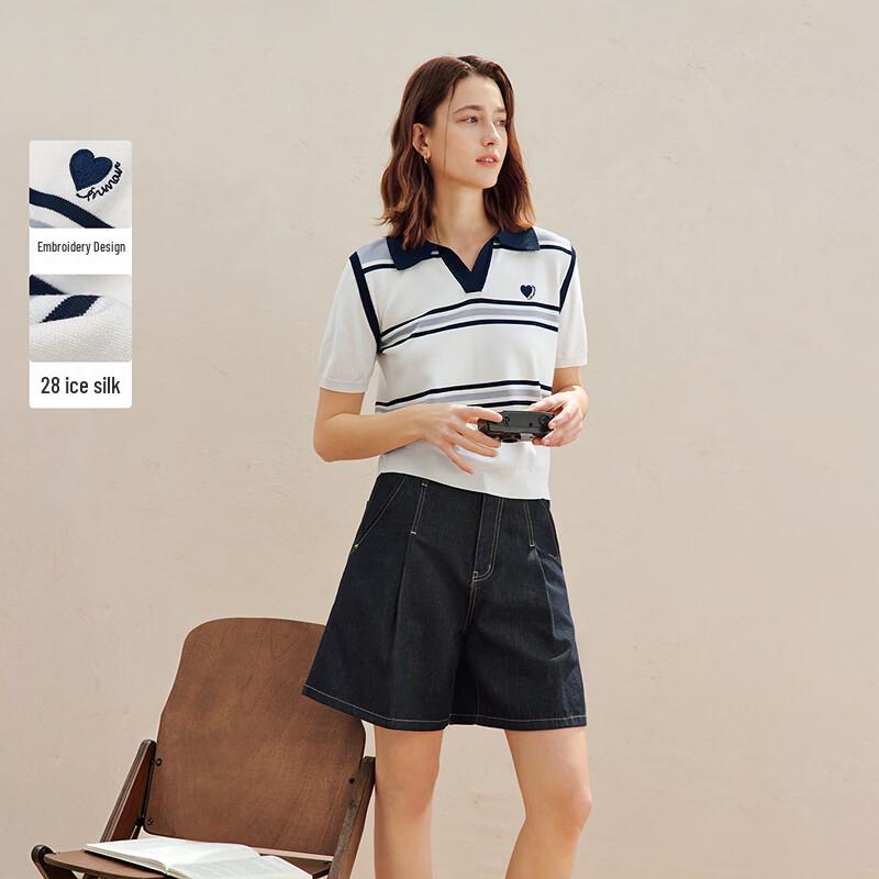 INMAN Ice Silk Contrast Polo Striped Short Sleeve Knit Top XL