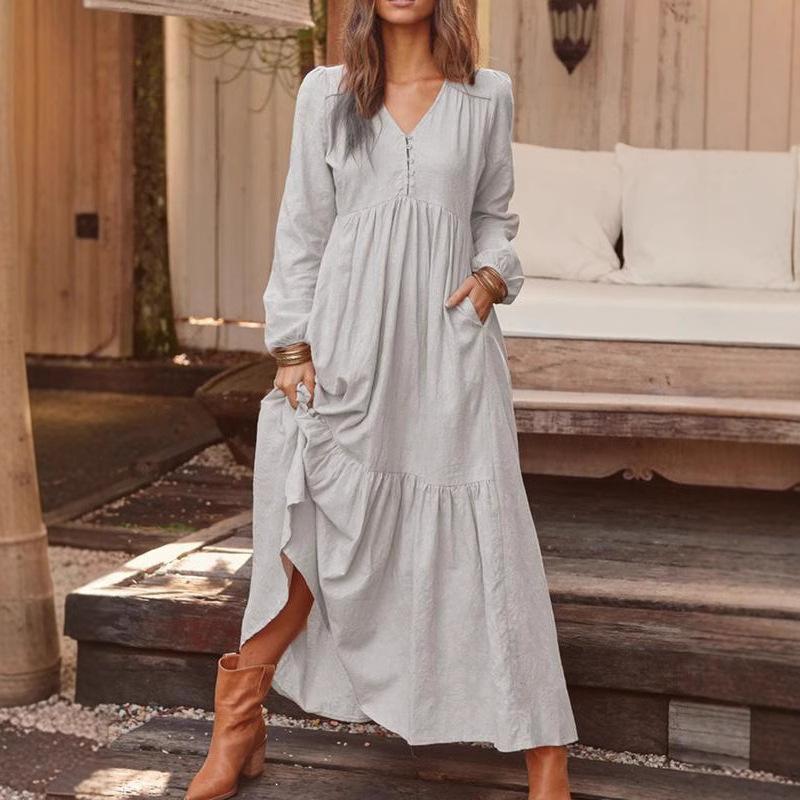 Dámské dlouhé šaty s výstřihem do V, volné, elegantní, s dlouhým rukávem a áčkovým výstřihem, sexy šaty
