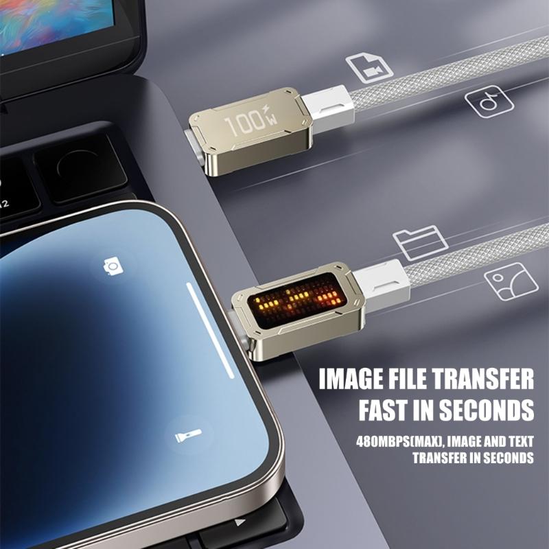 Heavy Duty Aluminum Alloy USB C Cable Wire PD100W Fast Charge And Data Transfer With Dynamic Colorful LED Light Effects