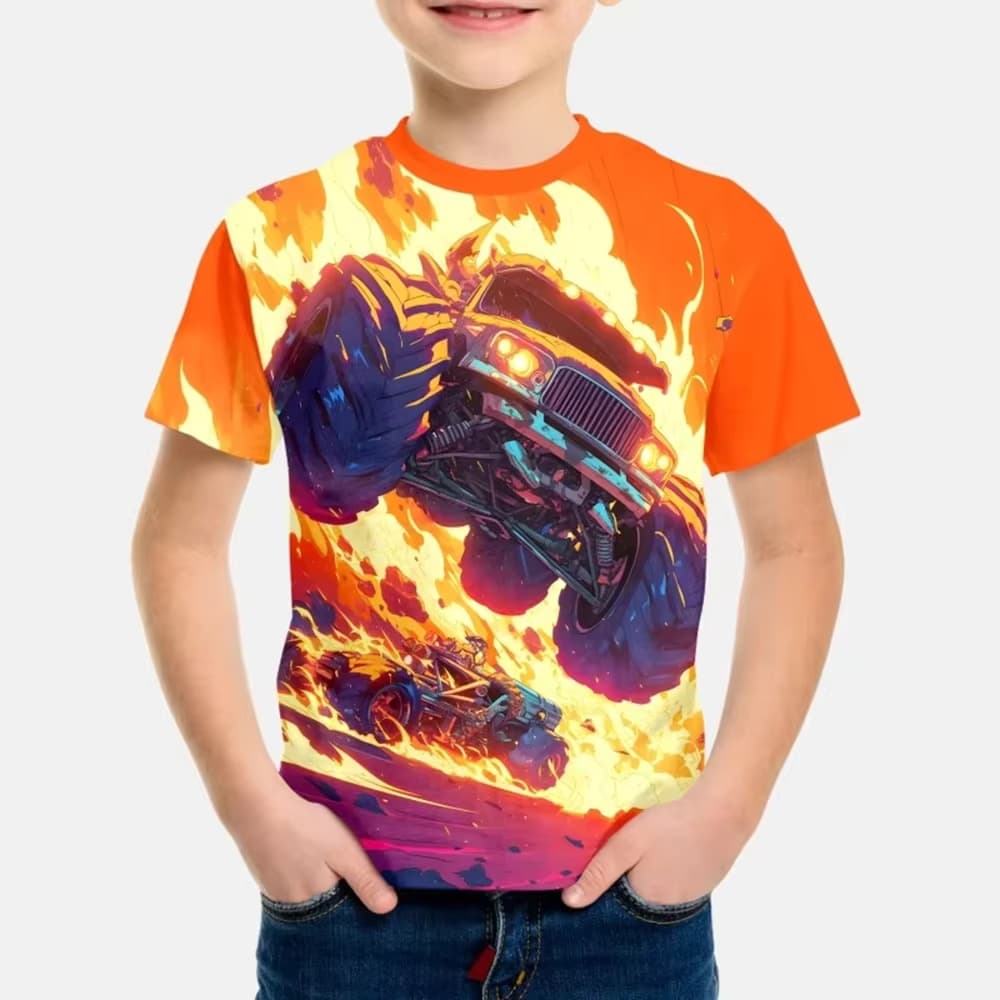 Monster Jam Monster Truck Kids T-shirt All Over Print Short Sleeve Tee Summer Casual Tops Racing Car Graphic Children Clothing