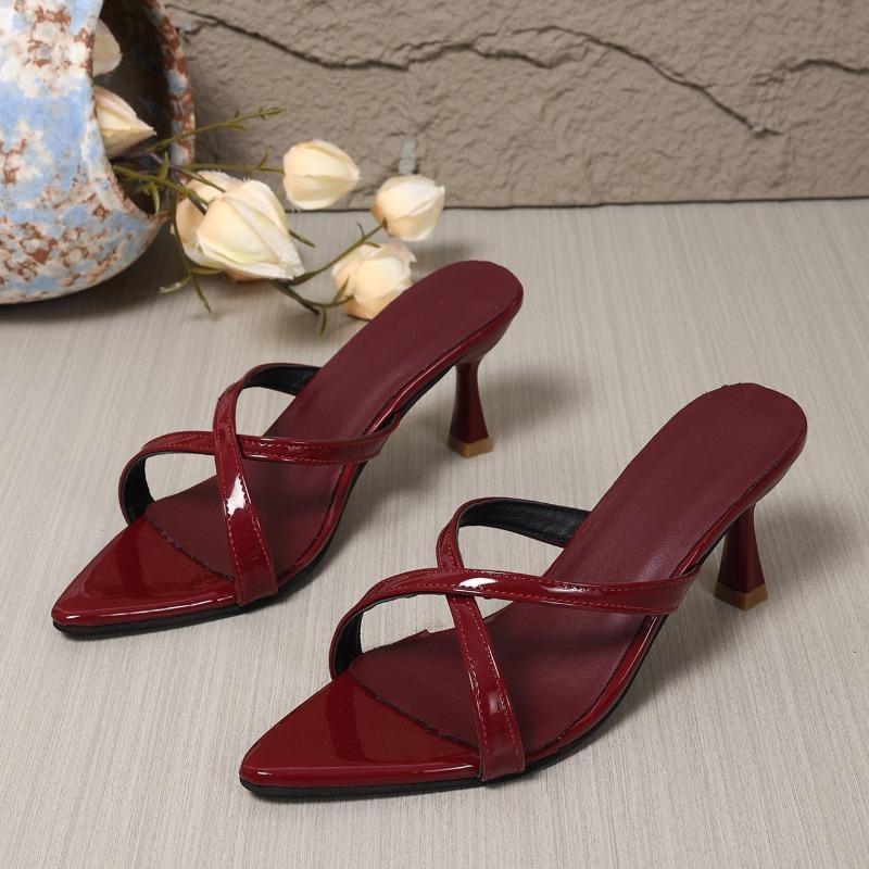 

Fashion Cross-strap patent leather slippers with stiletto heels for summer new style pointed open-toe non-slip wear-resistant high heels 40 бордовый