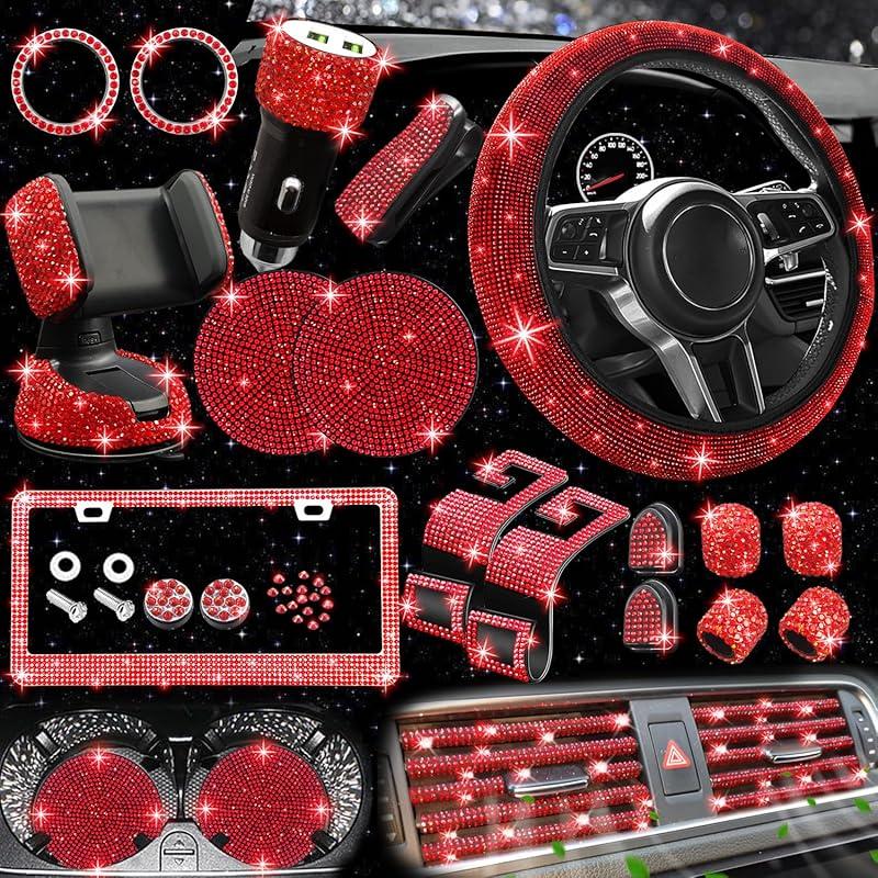 NBTEPEM 27-Piece Bling Car Accessories Set - Universal Fit Steering Wheel Covers, License Plate Frames, Phone Holder, Car Fast Charger, Coasters