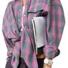 Women's Casual Plaid Print Long Sleeve Polo Neck Blouse for Spring/Autumn