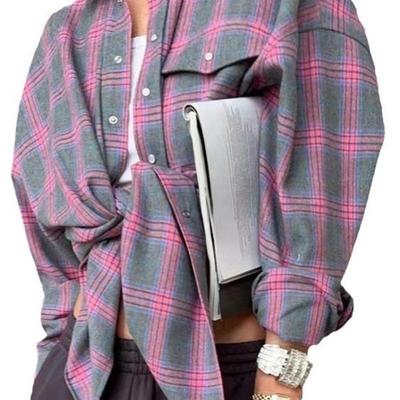 Blusa da Donna Casual a Manica Lunga con Collo Polo e Stampa a Quadri per Primavera/Autunno