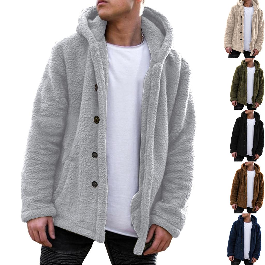 Podzimní a zimní pánský jednobarevný fleecový kabát s kapucí Fleece módní trend pánské oblečení
