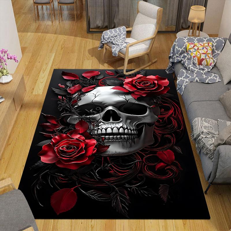 1Pc Skull Roses Artwork Rug, Office Carpet Indoor Outdoor Doormat, Non-Slip, Comfortable, Living, Christmas Halloween,  Xmas Gift G1315