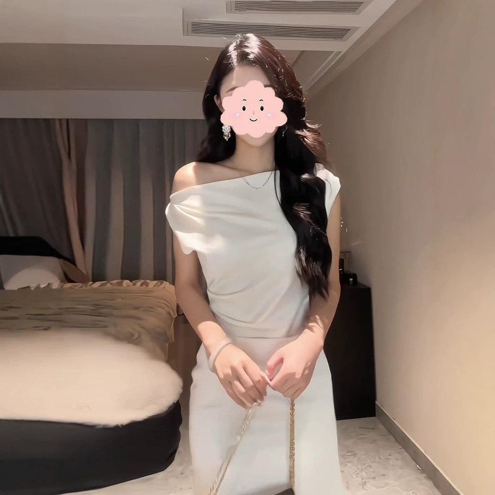 French Temperament High Sense Swing Collar Slanted Shoulder Pure Desire Dress Waist Thin Hip Satin Summer New Long Dress
